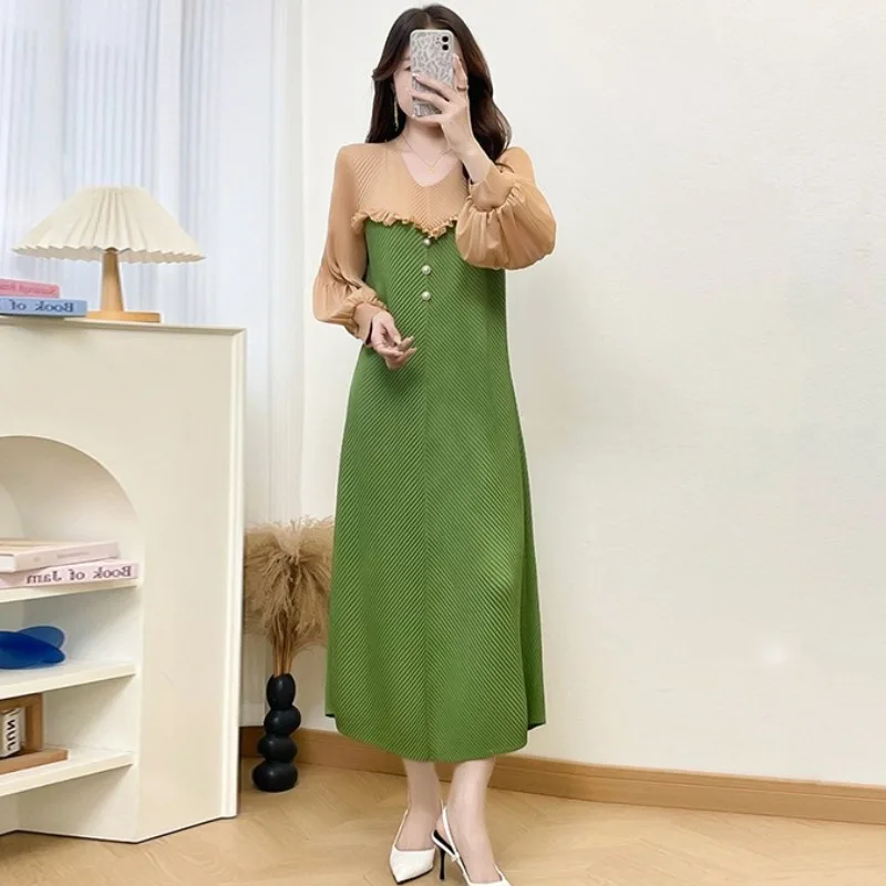 

Европейское осенне-зимнее новое женское платье Miyake на шнуровке, плиссированное, большого размера, эластичный дизайн в стиле Хепберн, длинная юбка, Америка