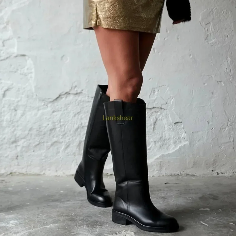 

Черные ботинки с напуском из натуральной кожи, сексуальные однотонные слипоны с круглым носком и квадратным каблуком, новые модные женские ботинки