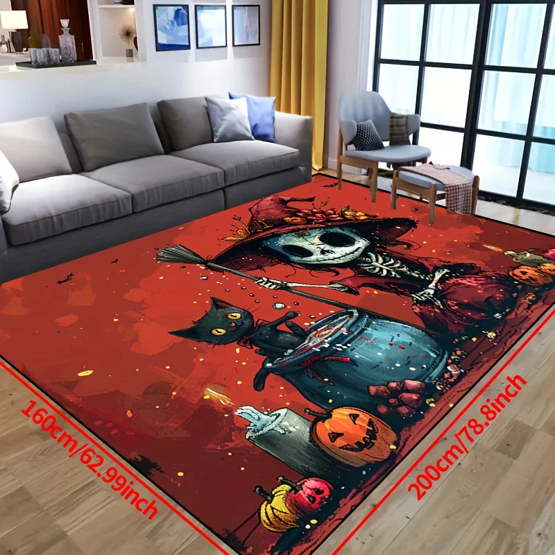 Skull Witch & Black Cat Halloween Rug - Non-Slip Polyester Carpet For Living Room Bedroom Nursery Outdoor Patio & Garden Decor