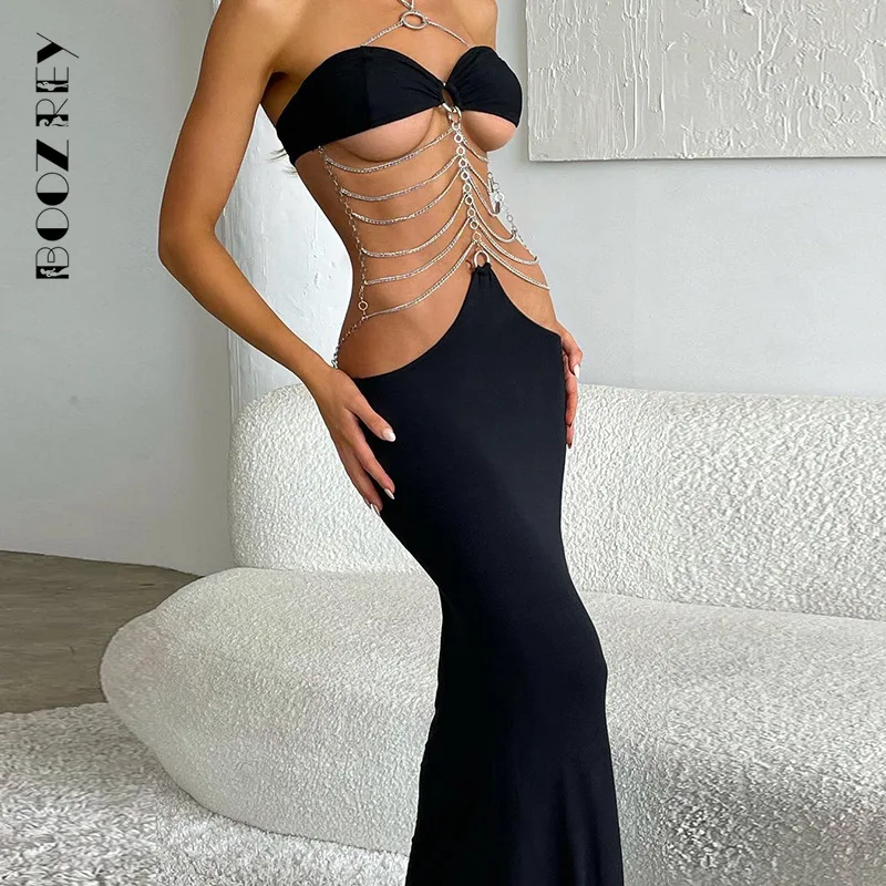 BoozRey seksowna łańcuszkowa sukienka bez pleców obcisła sukienka dla kobiet Backless nocna impreza sukienka do klubu Strappy Allure długa sukienka