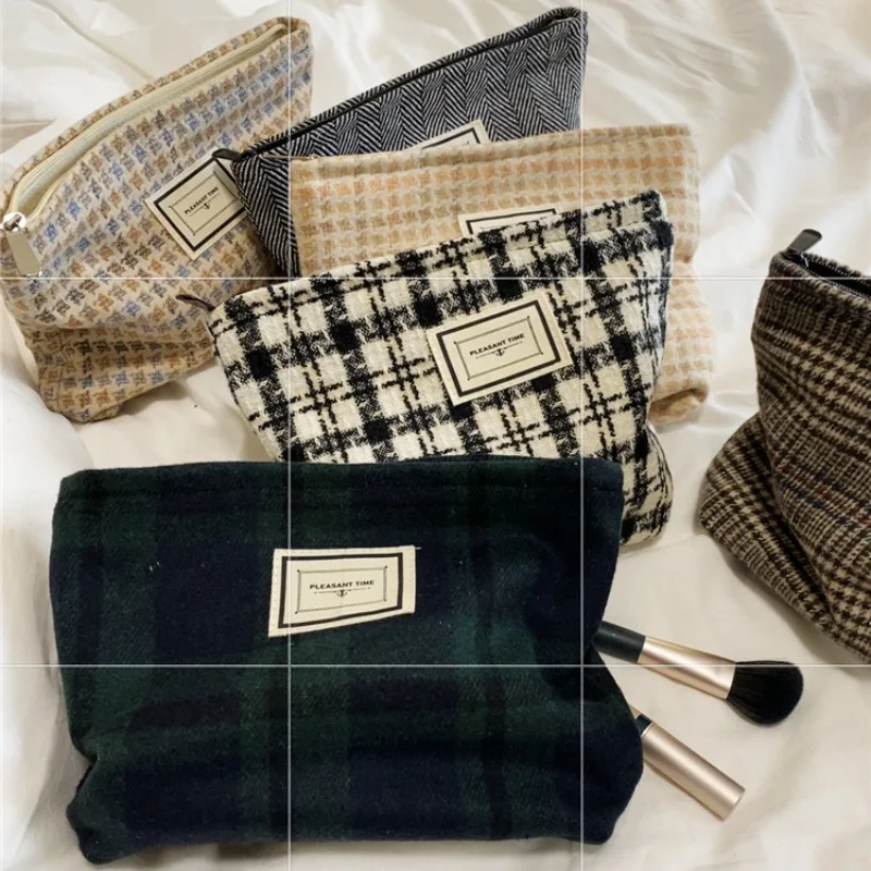 Tweed Plaid Makeup Bag Wool Blend Houndstooth Cosmetic Pouch Vintage Autumn Winter Handheld Clutch for Women