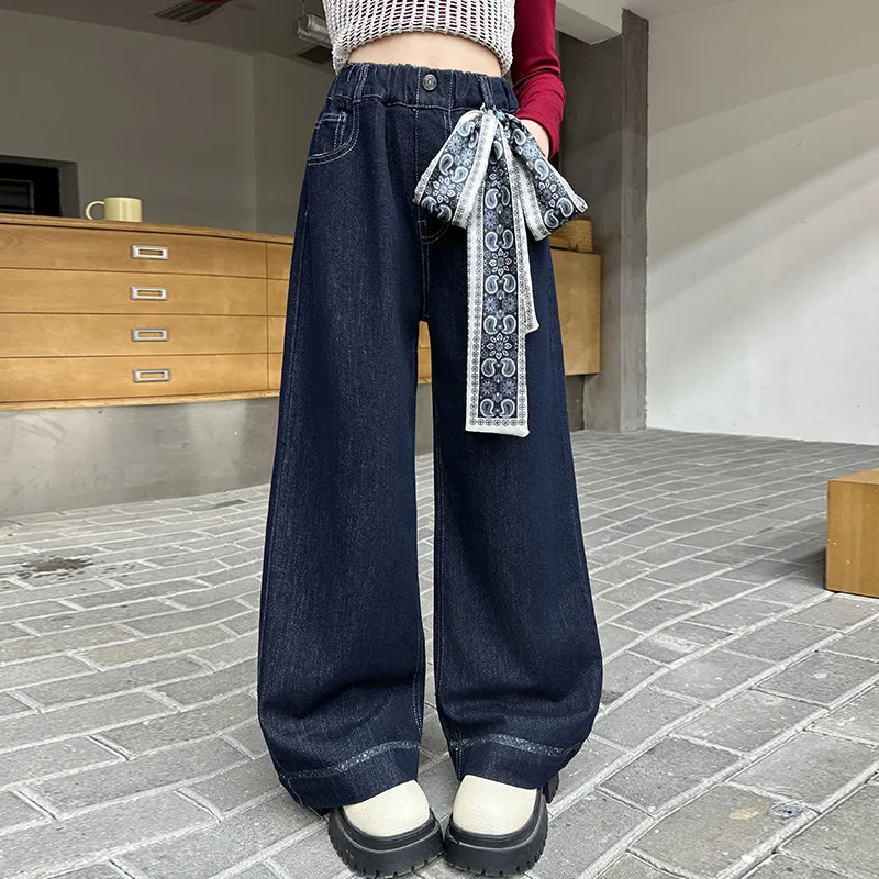 

Children Girls Denim Pant Autumn Retro Teenager Girls Full Length Wide Leg Pant Junior Girls Solid Elastic Waist Trousers