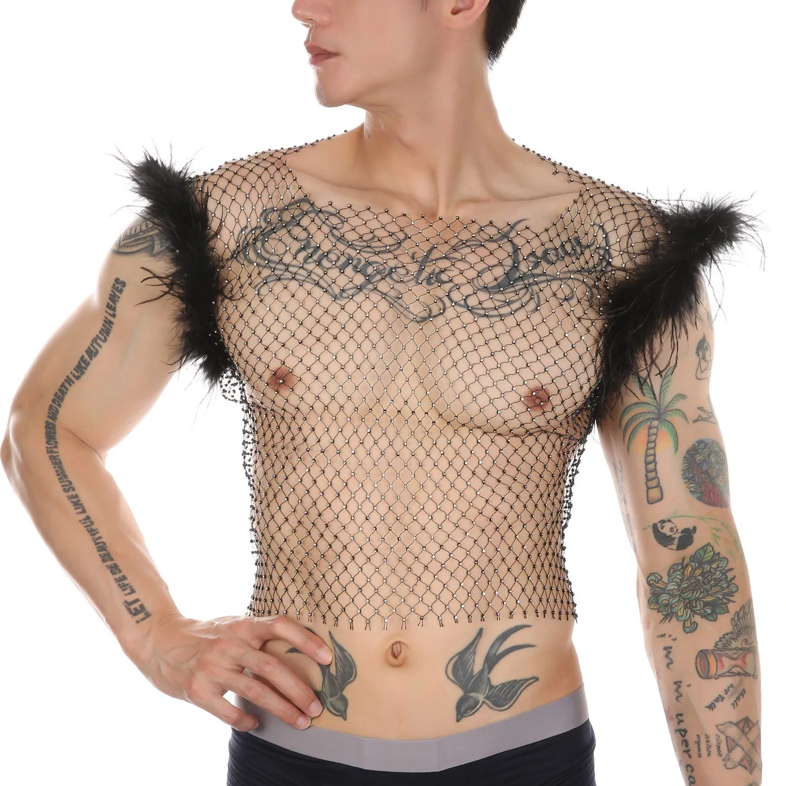 

Men Jockstrap Men's Sexy Feather Sleeveless Top Square Hollowed Out And Wool Rhinestone Fishnet Vest up Shirt