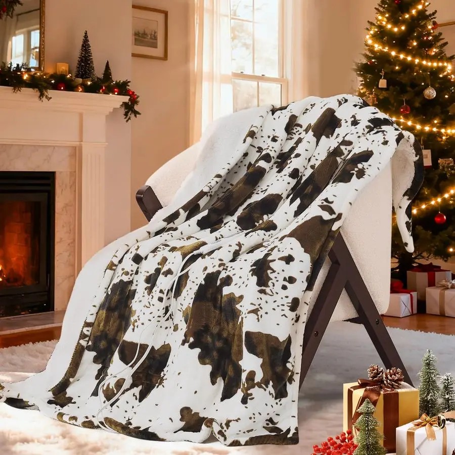 

Cow Print Heated Throw Blanket, Electric Blanket with 6 Heat Settings amp 112H Timer, Cozy Soft Flannel Sherpa, Machine Washable