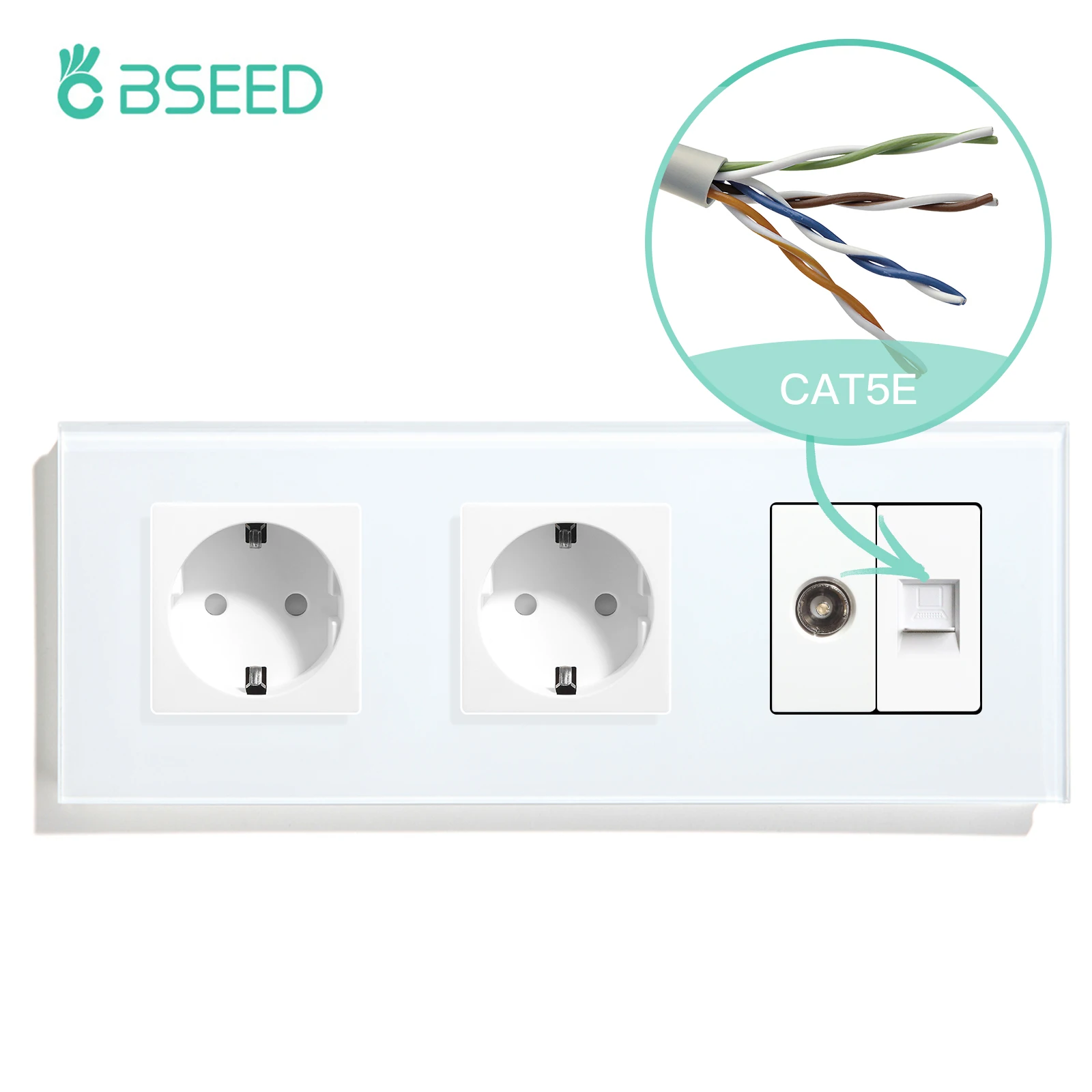 BSEED TV CAT5 mit EU-Buchse, doppelte Wandsteckdosen, TV-Internet, RJ45, PC-Anschlüsse, Typ-C-USB-Steckdosen, Glasrahmen