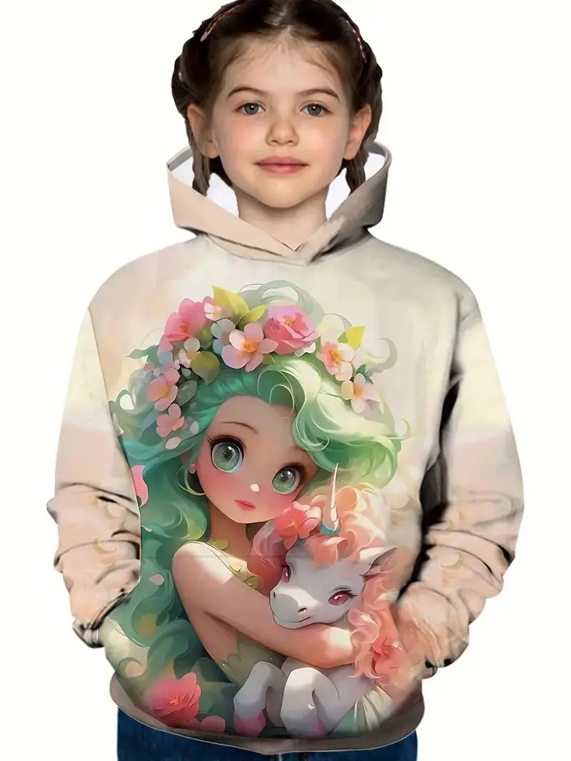 

Fairy Hairpin Unicorn Print Girls Children Clothes Cute and Playful Top Autumn Internet Celebrities Same Style Hooded Sweatshirt