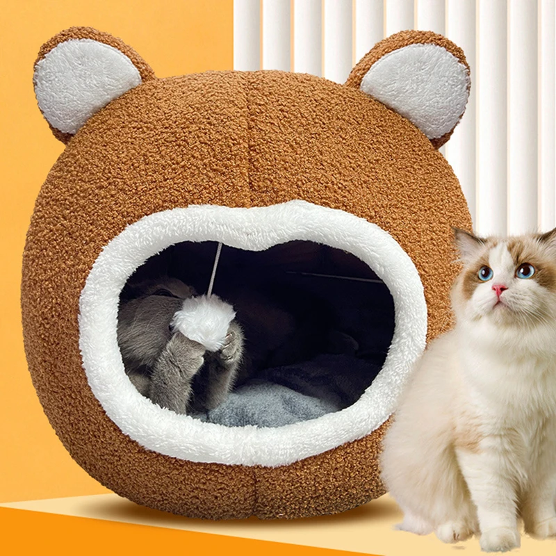 

Funny Cat Bed Warm Pet House Soft Long Plush Kitten Lounger Cushion Small Dogs Tent Cave Beds For Cozy Cat House Mat Supplies