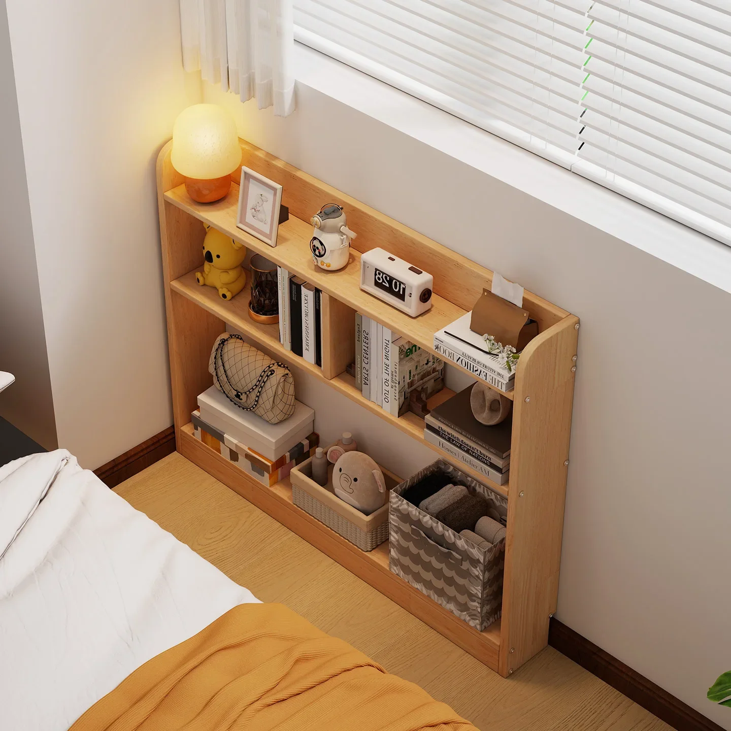 Solid wood ultra-narrow bookshelf, bedroom against the wall, bedside shelf, household living room simple small narrow cabinet