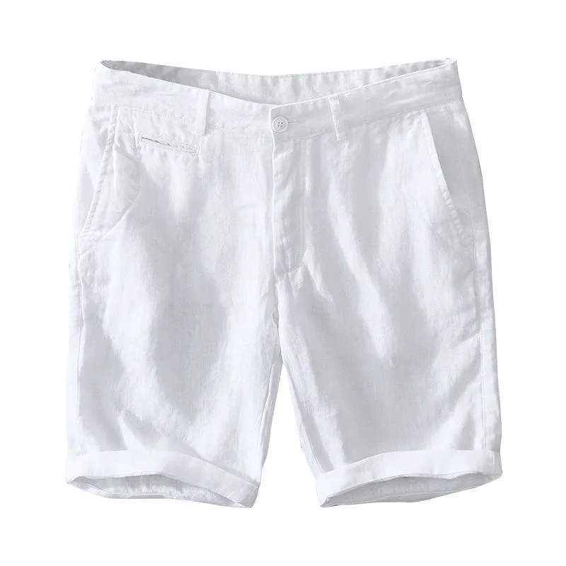 Calças Curtas Casuais de Linho Puro Respirável e Leve para o Verão, Calças de Aodão e Linho para Homens, Calças de Quatro P...