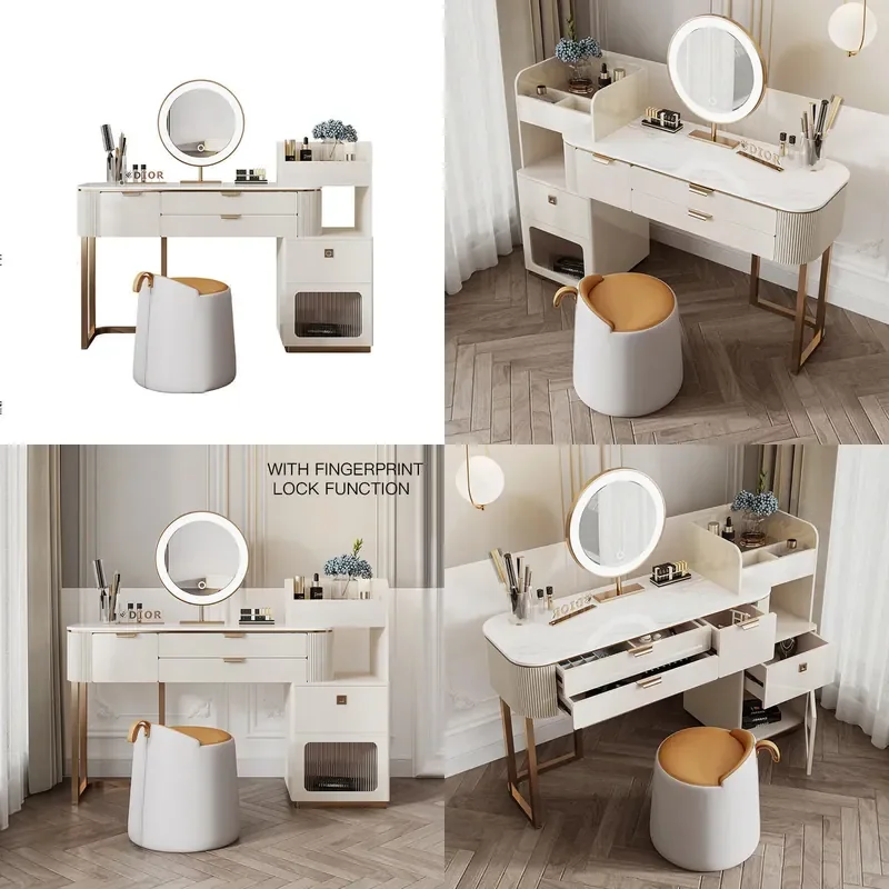 Modern White Vanity Table Set with Ambient Light Indoor Makeup Desk Bedroom Furniture