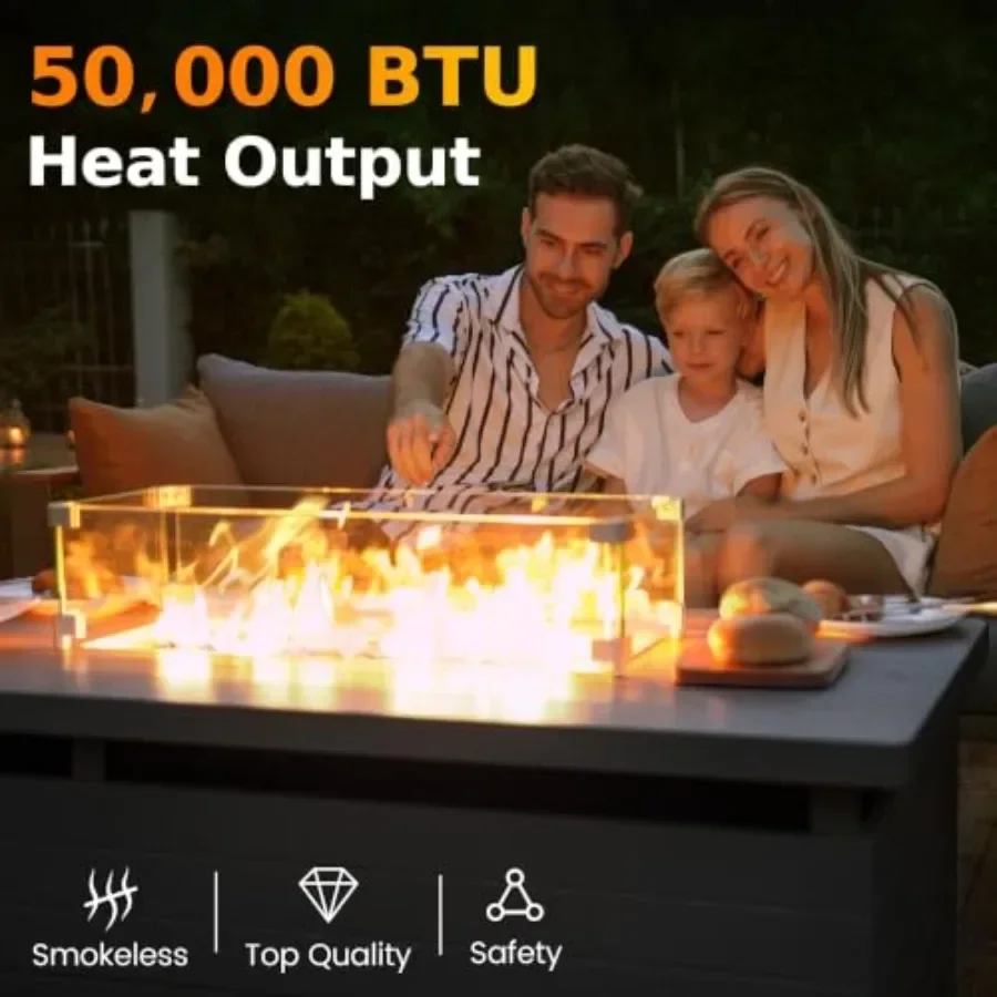 Outdoor fire pit table for patio use, stainless steel in black, 51-inch rectangle propane model with 50, 000 BTU output, slidin