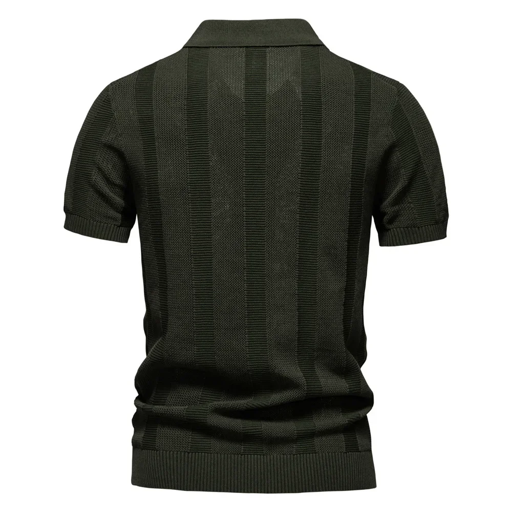 LIBIELIY 2025 Summer New Fashion Men's Striped Polo Shirts Turn-down Collar Short Sleeve Solid Color Casual Trendy Hollowed Out