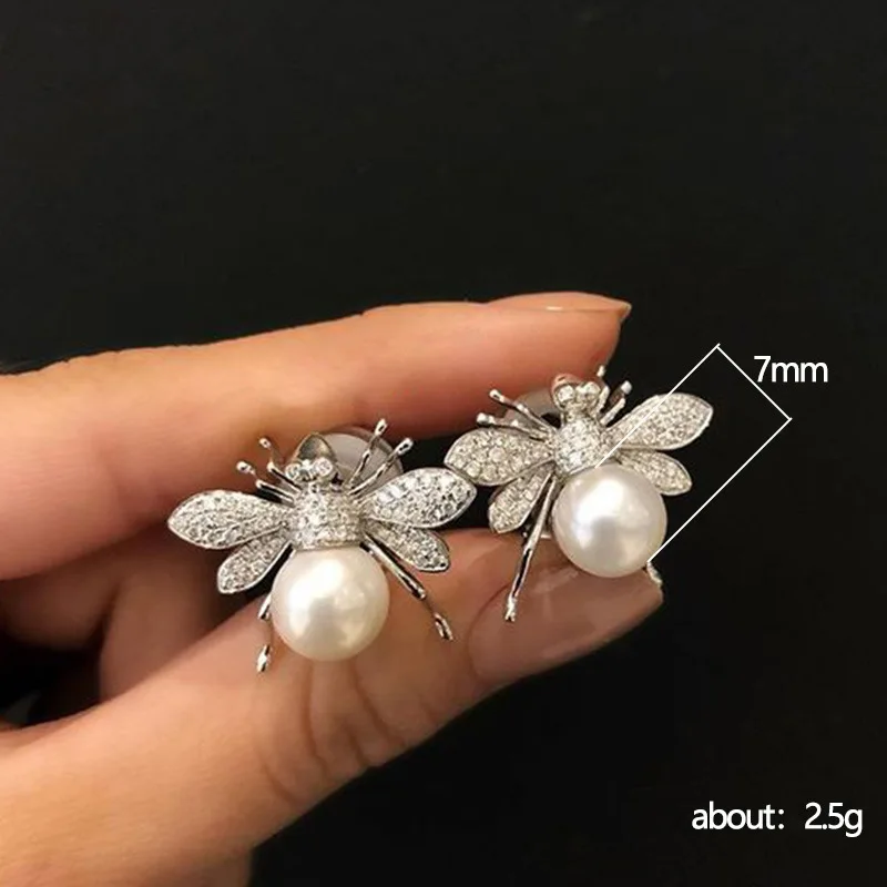 Huitan Fashion Simulated Pearl Bee Stud Earrings with Crystal Cubic Zirconia Cute Animal Earrings Daily Wear Women Jewelry