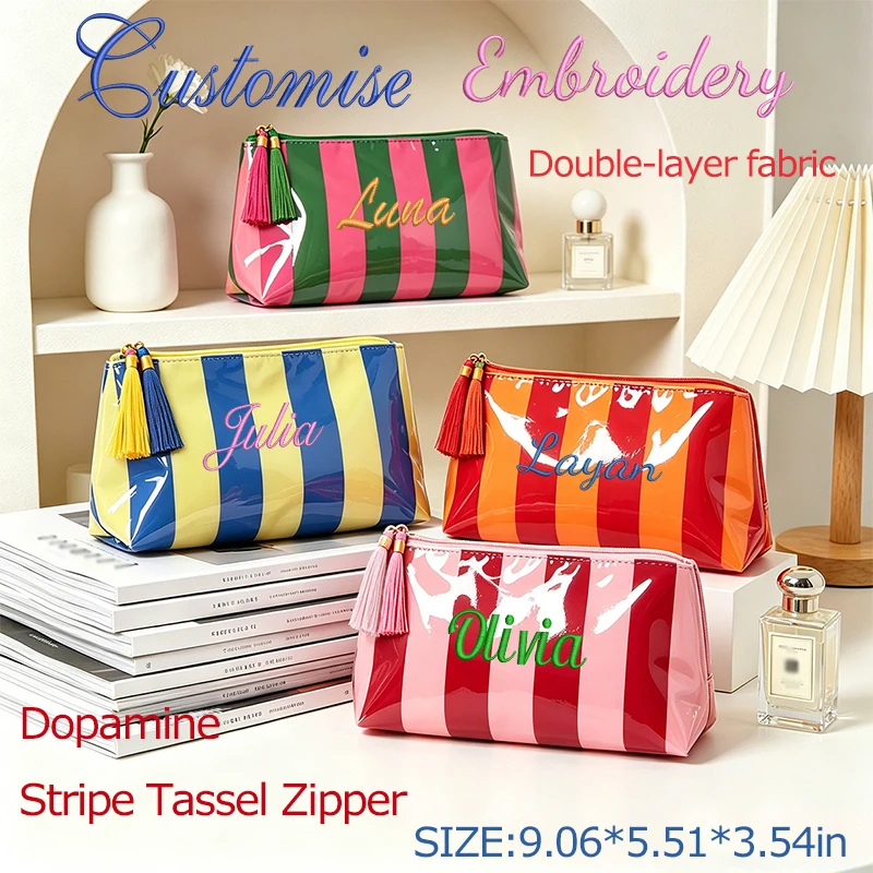 Embroidery Customization / Standard Version, Two Options, Striped Clutch Bag, Exquisite Tassel Zipper Makeup Bag, Back-To-School Season, Perfect Gift