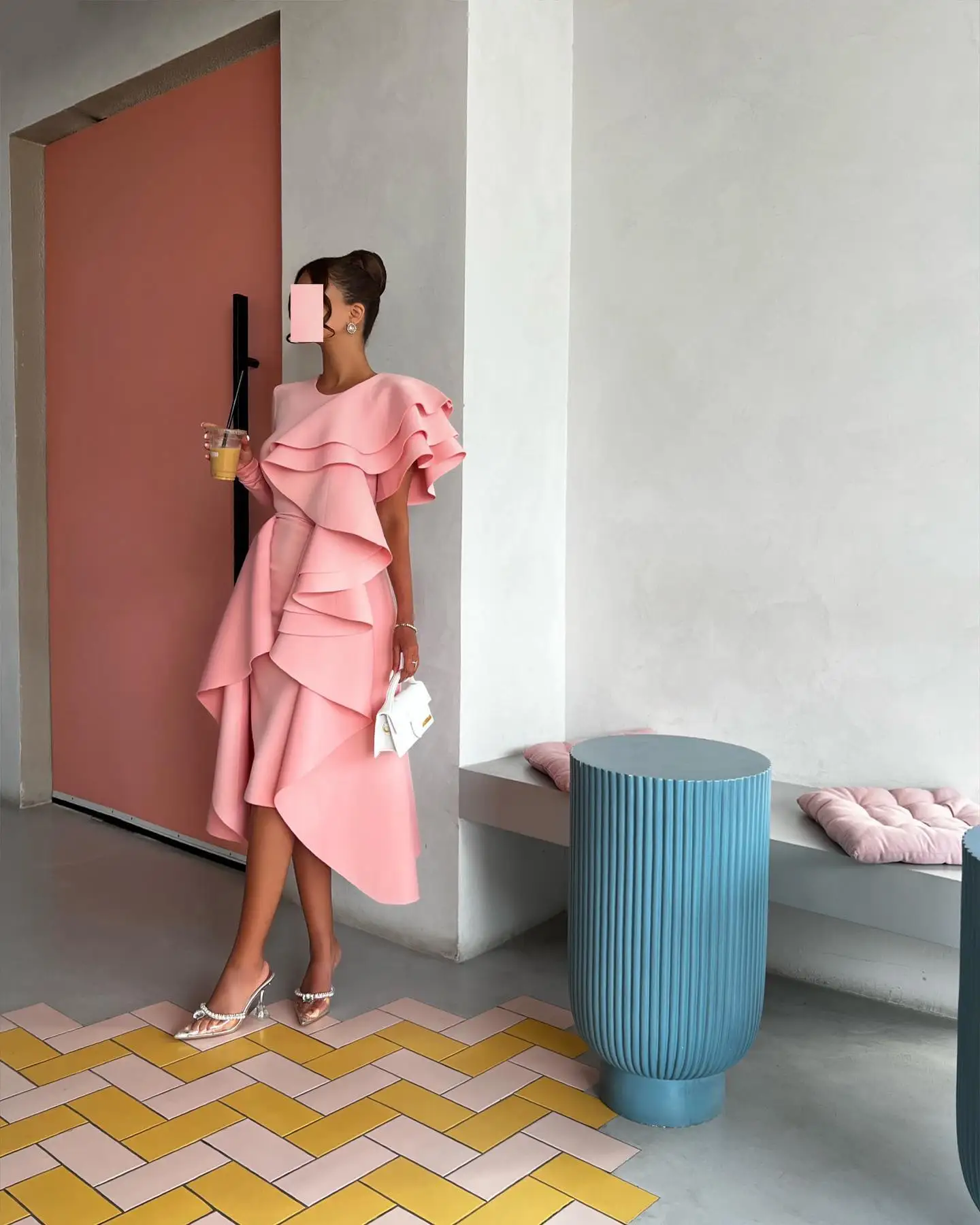 تخصيص أزياء جيرسي الكشكشة المتدرج مساء اللباس مزاجه طويلة الأكمام س الرقبة الشاي طول Fستان Shret نسائي