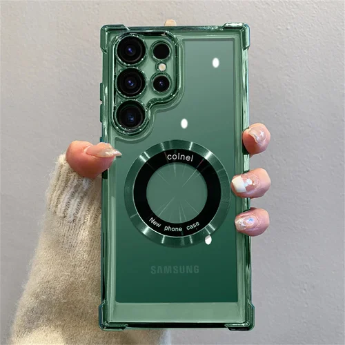 삼성 S25 S24 울트라 S23 FE S22 플러스 노트 20 무선 충전 후면 커버, 맥세이프 마그네틱 케이스용 럭셔리 클리어 도금 