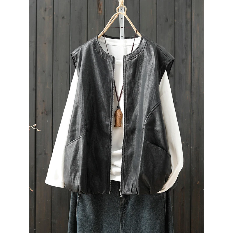 Women's PU Leather Vest Zipper Collarless Jacket Simple Versatile Ladies' Shoulder Pad Autumn New Style Commute Wind