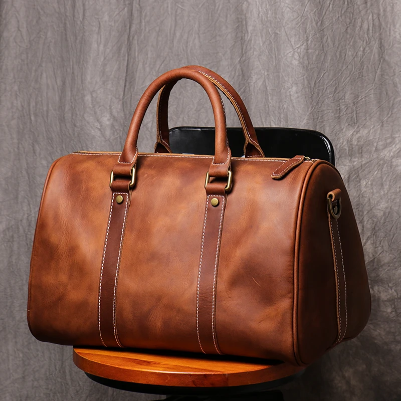 Pure Handmade Natural Crazy Horse Leather Small Men\'s Travel Bags Genuine Leather Handbag