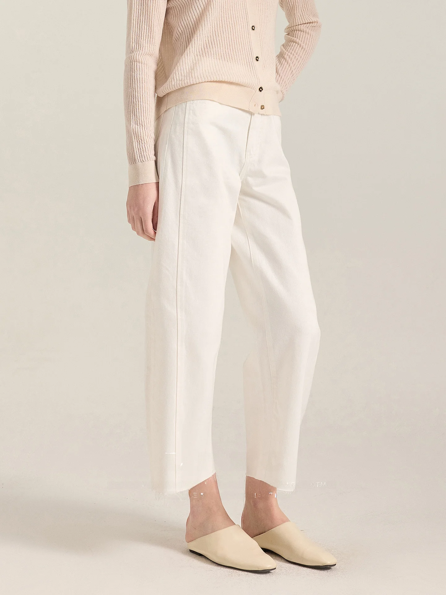 

Slimming Cotton Denim Jeans Fashionable High Waist Straight Leg Nine-Piece Banana Pants with Frayed Hem Arc Nine-Piece Jeans