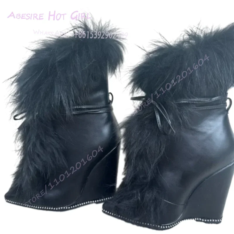 طويل أفخم غامض الأسود إسفين كعب العجل أحذية النساء أشار تو الدانتيل متابعة شتاء دافئ حذاء أنيق عالية الكعب ريشة شرابة تصميم