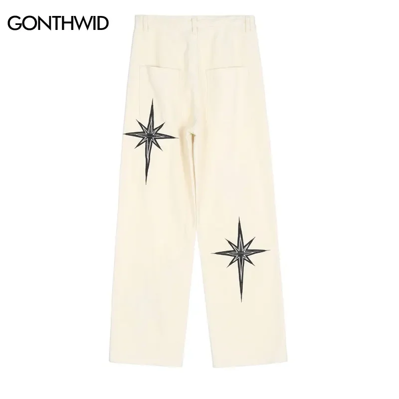 Calça jeans folgada estrela bordada vintage masculina, jeans hip-hop, calça casual de cintura alta, streetwear preto, Harajuku, 2024