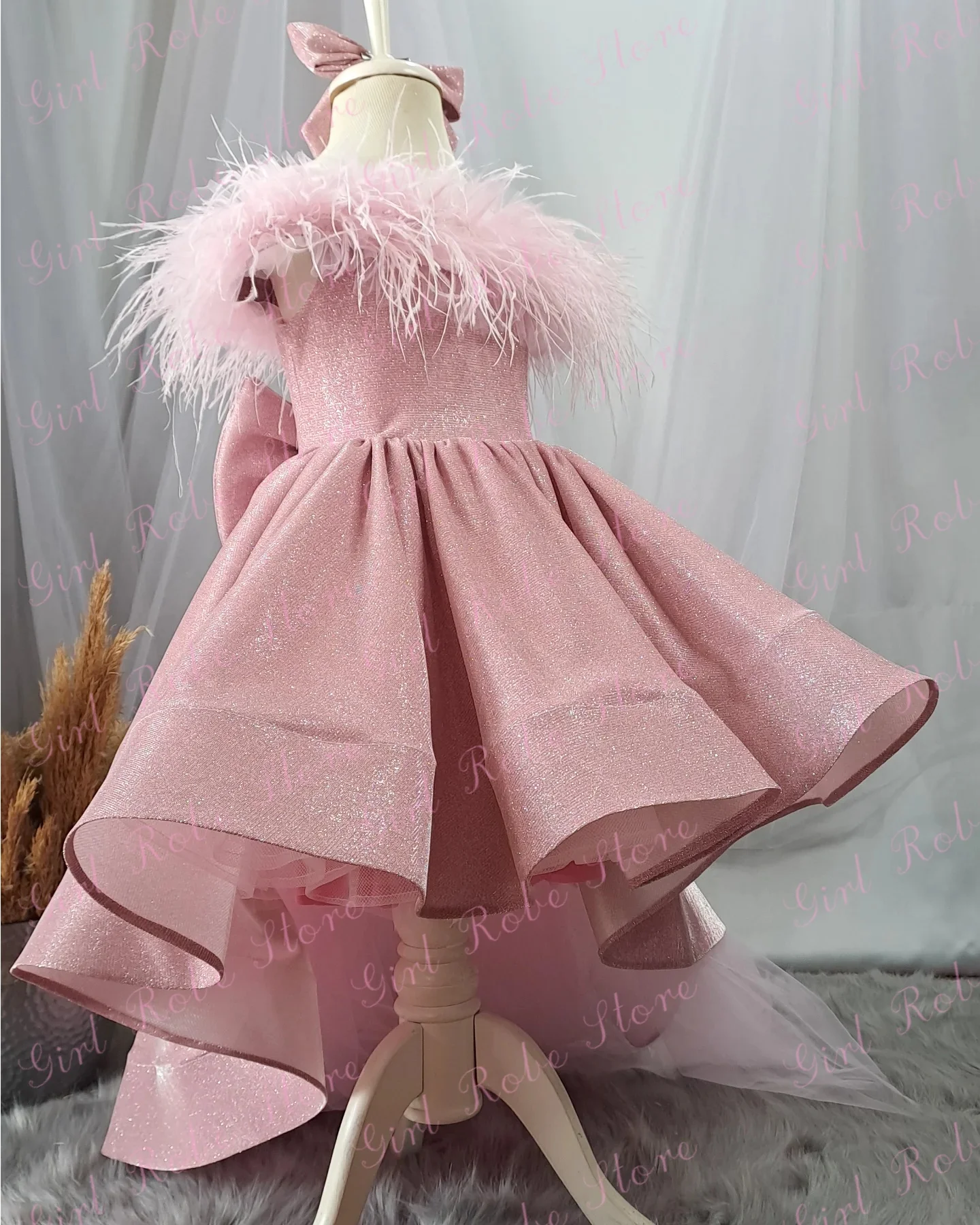 Elegant Pink Flower Girl Dress For Wedding Feather Glitter Satin With Bow Princess Birthday Party Communion Ball Gown Customized