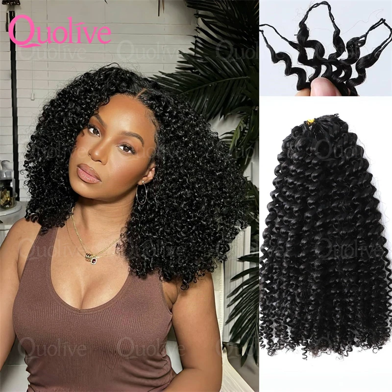 Extensions de cheveux humains bouclés crépus à ondulations profondes, pré-bouclées, invisibles, sans nœuds, 30 pouces, avec nœuds Feather Miracle, pour perruques au crochet