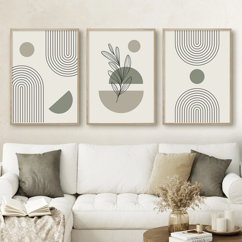 Boho Abstract Green Leaves Geometric Line Posters Wall Art Canvas Painting Prints Pictures Living Room Interior Home Decor