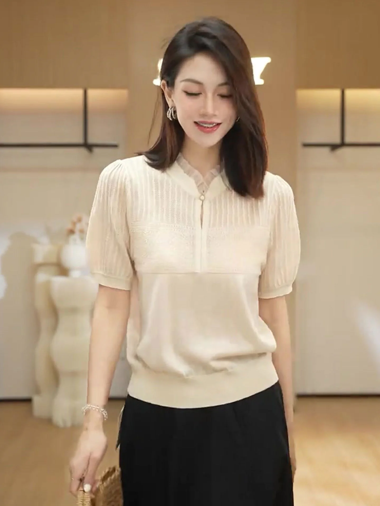 Ele Ice Silk Knitted ort Sve T-irt oulder Width Regular Summer Base Layer White Enhancing Women's Faion Top