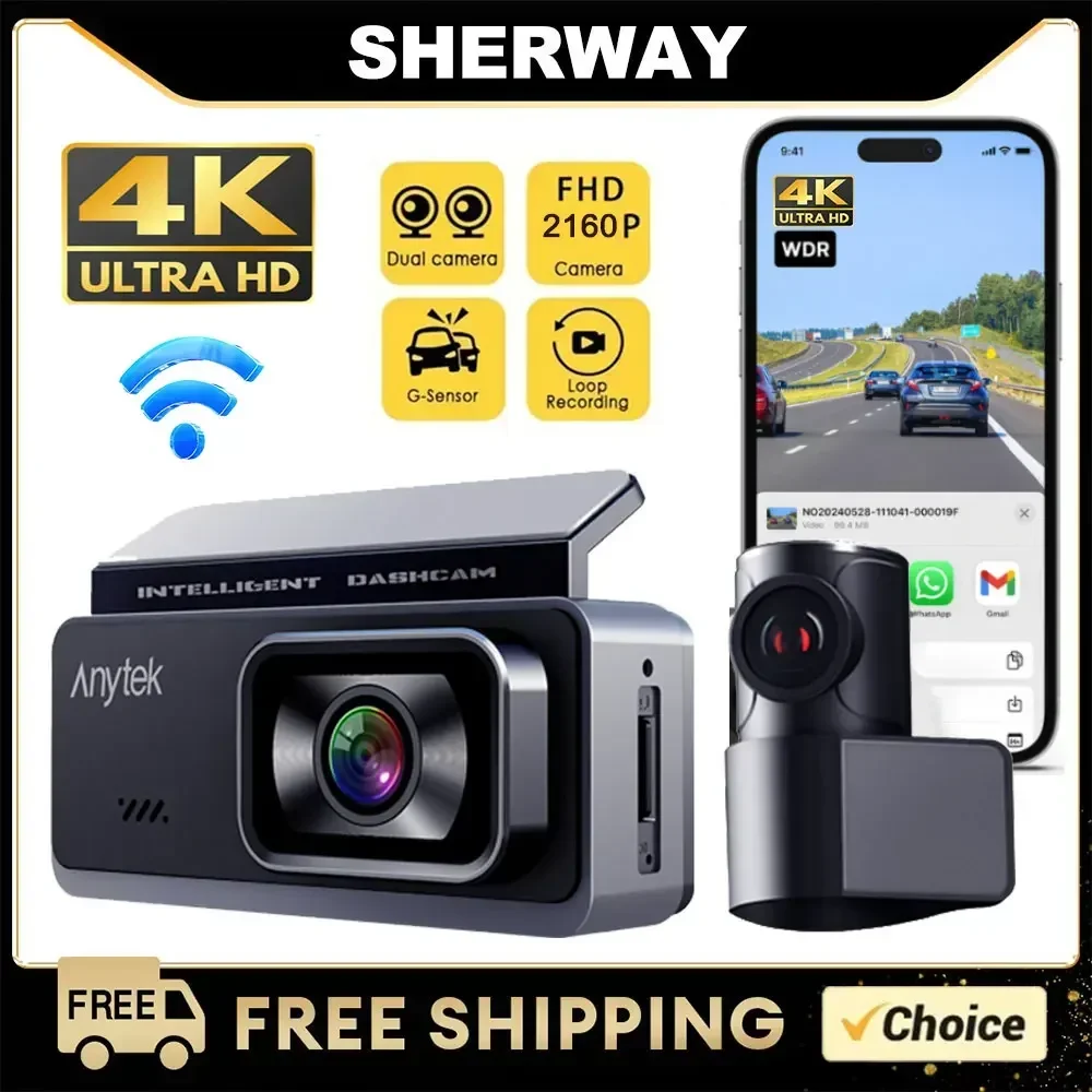 4K Dual Lens Dash Cam Front and Rear Mini Car Camera 2K HD Night Vision 24H Parking Monitoring Car WiFi Cars DVR Video Recording