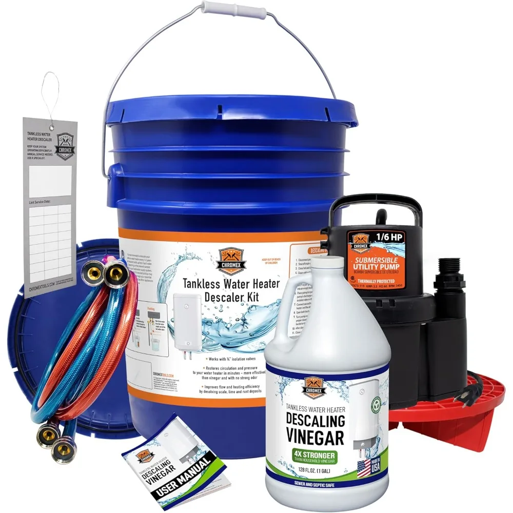 Kit de descarga de calentador de agua sin tanque con vinagre concentrado, diluye hasta 4 galones y bomba extra resistente de 1/6 HP
