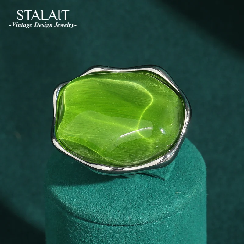 

Vintage Opal Ring Real For Woman Green Cat Eye Stone Irregular Alien Crystal Silver Color Designer Quality Luxury Brands Jewelry