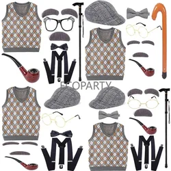 2023 Old Man Costume for Kids 100 Days of School Costume for Boys with Old Man Hat Old Person Glasses Costume Cane Grandpa Vest