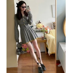 Spring Korean College Style 2 Pieces Women Knitted Sets Long-sleeved V-neck Single-breasted Sweater Tops Mini Pleated Skirt Suit