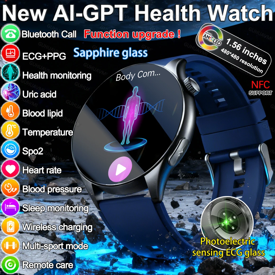 

2026 New High end Body Fat Analysis Health Smart Watch ECG+PPG Uric Acid Blood Pressure Blood Oxygen Clock Call NFC Smart Watch