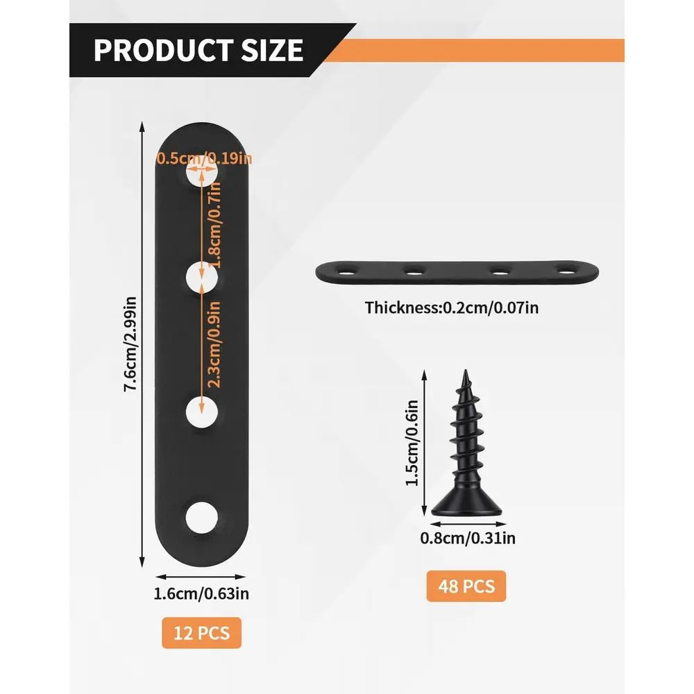 12 Pack 2.99 x 0.63 Black Metal Straight Brackets for Support and Joining Metal or Wood Furniture with 48 Screws