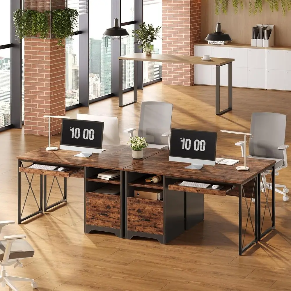 Rustic Brown 47-Inch Desk with Storage and Keyboard Tray for Compact Home Offices