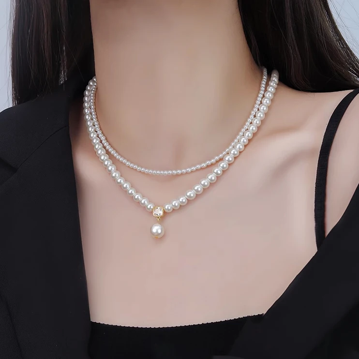 2025 Trendige doppelschichtige Imitationsperlen-Perlen-Halskette, elegante Accessoires für Damen, sexy Schlüsselbeinkette, leichter Luxus-Schmuck – Detail 3