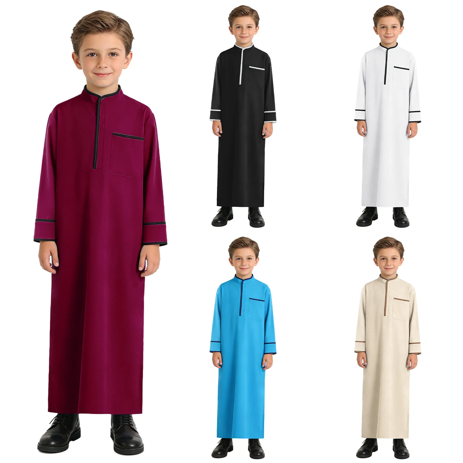 Kids Boys Muslim Thobe Arabic Middle East Loose Kaftan Long Sleeve Stand Collar Pocket Maxi Robe Casual Muslim Child Clothes view 6