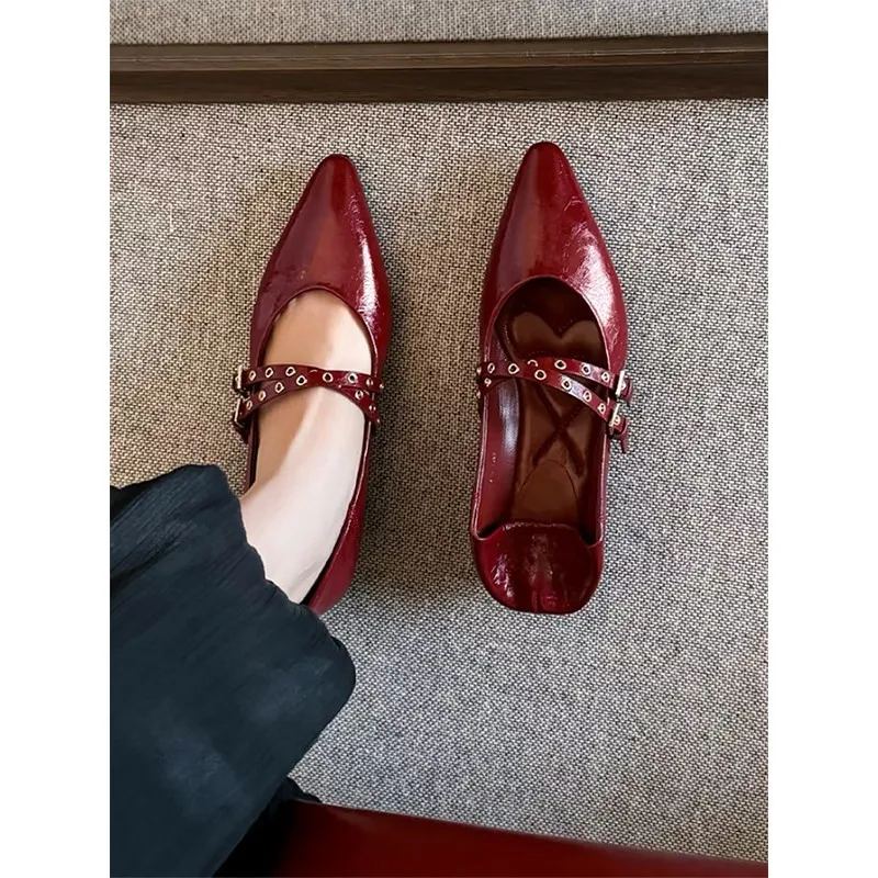 2026 New Spring and Autumn Pointed Toe Wedge Studded Mary Jane Flat Shoes with Soft Soles