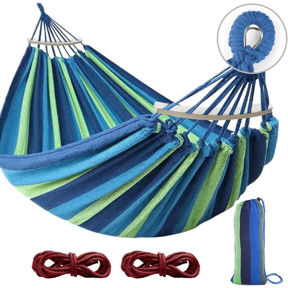 

Durable Canvas Fabric Anti Rollover Reinforced Hammock with Curved Wooden Pole Single Double Nap Hanging Bed for Garden Backyard