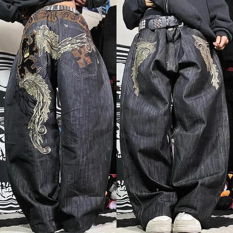 Y2K Fashion New Oversized Letter Embroidery Old Washed Jeans Women Harajuku Vintage Hip Hop High Waist Wide Leg Pants Streetwear