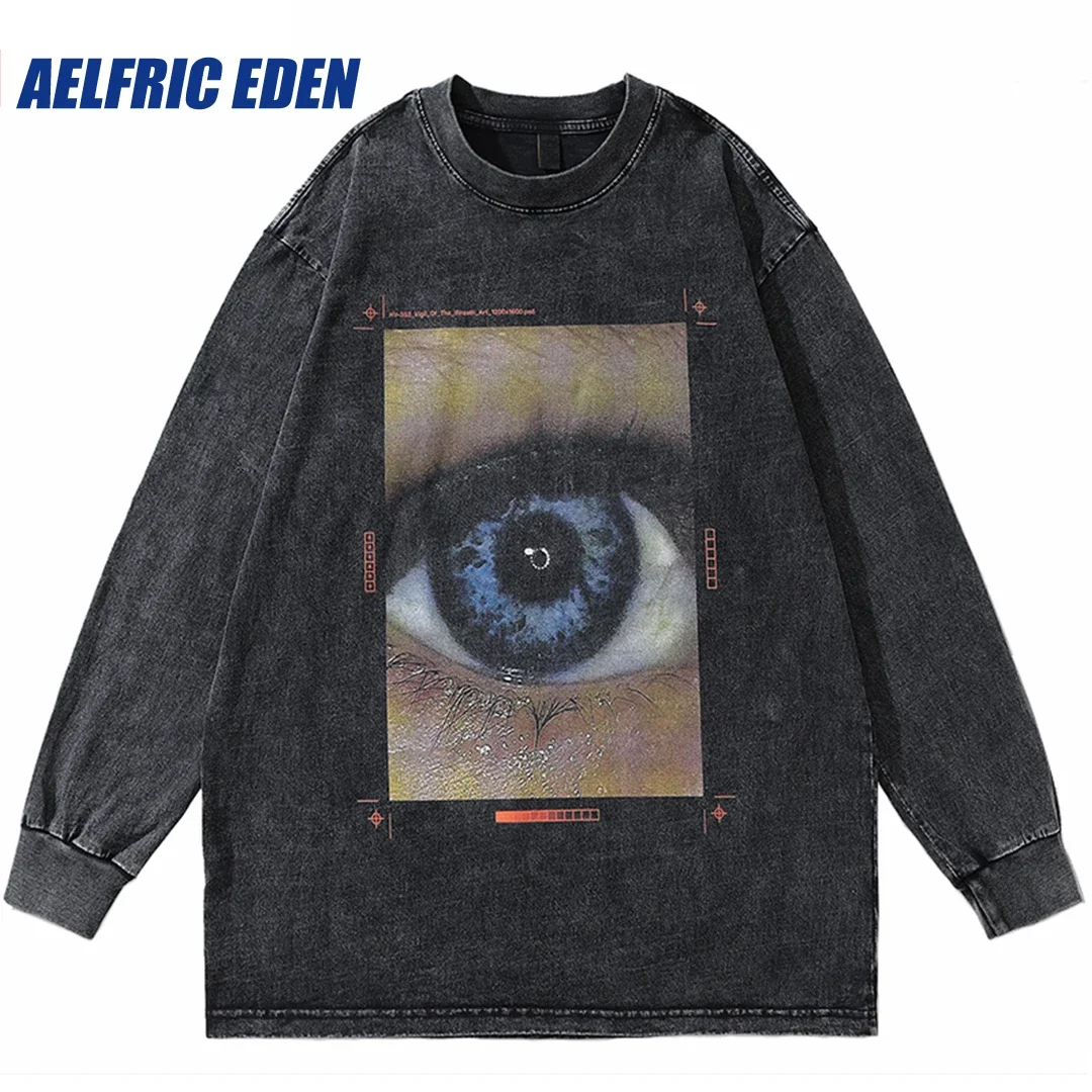 

Hip Hop Streetwear Washed Black Sweatshirts Blue Eye Graphic Hoodie Harajuku 2023 Men Cotton Long Sleeve Loose Punk Unisex Tops