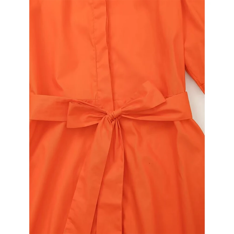 Vestido de camisa casual vintage com gola redonda feminino, vestido de verão com cinto, curto, laranja, vermelho, feriado, 2024