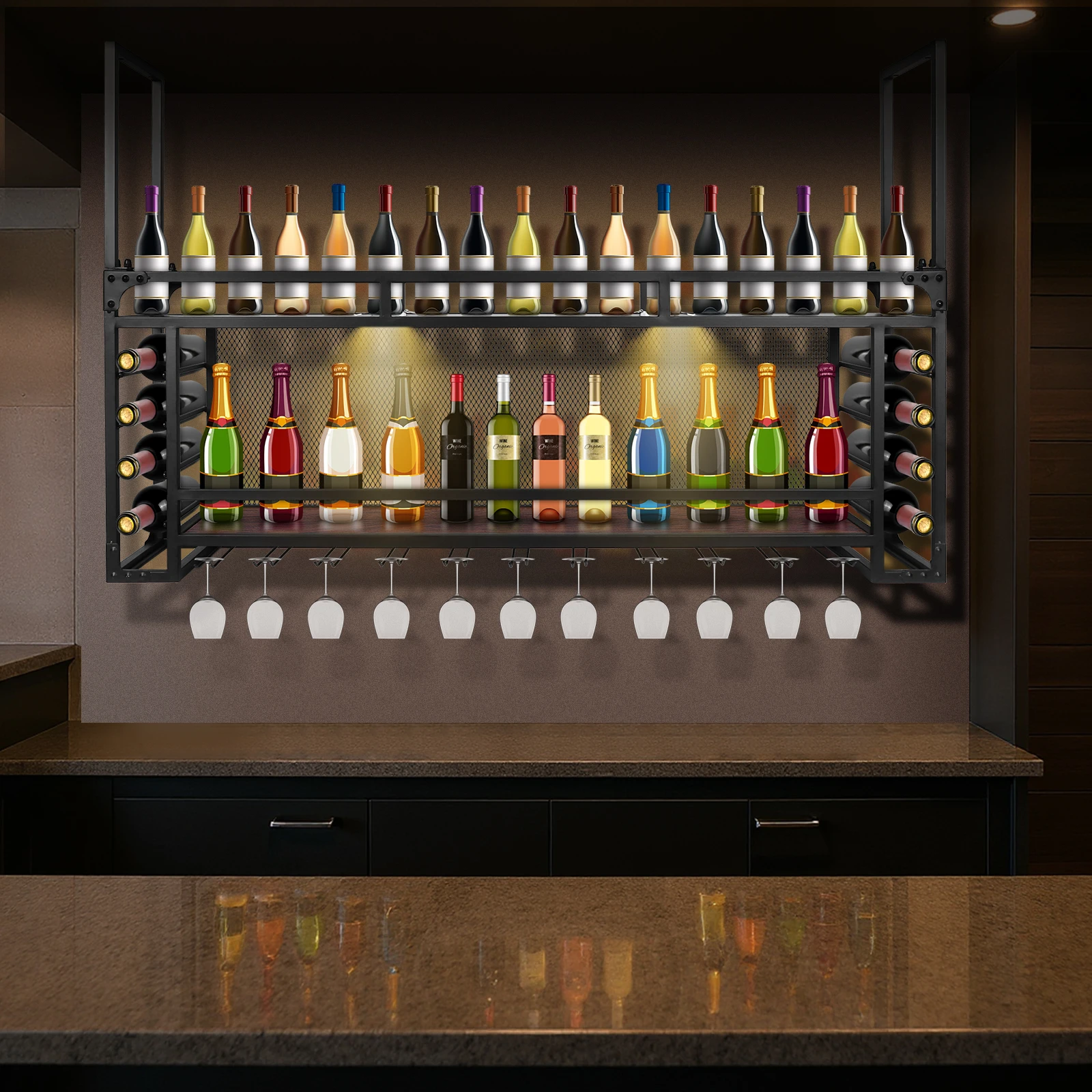 

Wall Mounted 2 -Tiers Black Iron Bar Shelves Wall Mounted Wine Bottle Display Shelf for Home Bar Dining Room Kitchen Living Room