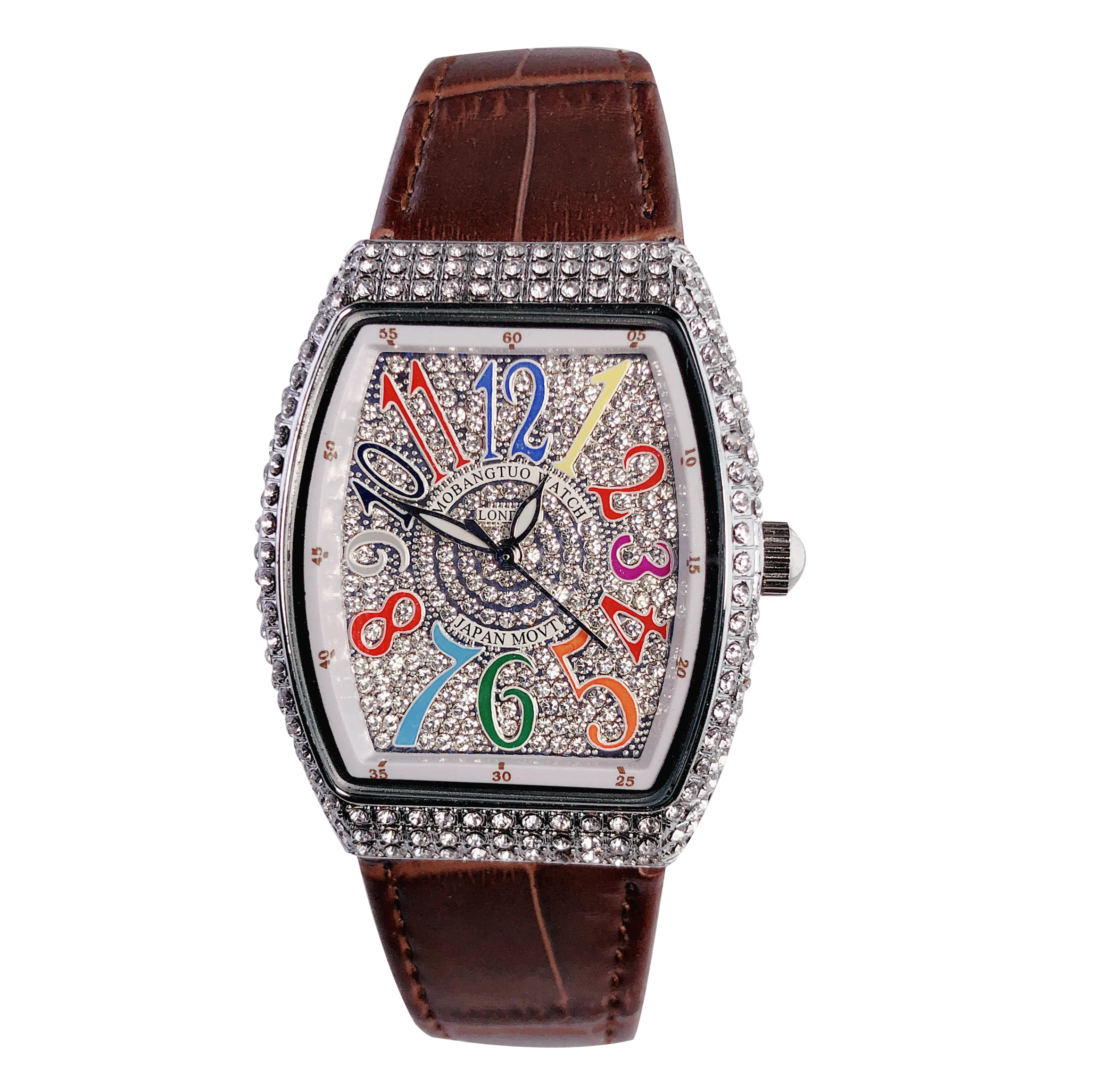 Luxury Tonneau Quartz Ladies Watch Full Rhinestone 3D Stereo Simple Color Arabic Numeral Dial Design Leather Strap Woman Gifts