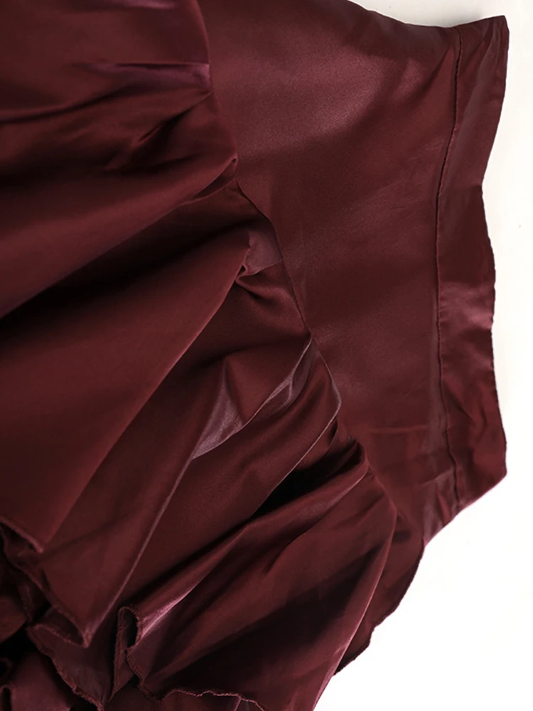 [EAM] High  Waist Wine Red Irregular Ruffles Elegant Cake Half-body Skirt Women Fashion Tide New Spring Autumn 2024  1DH7827