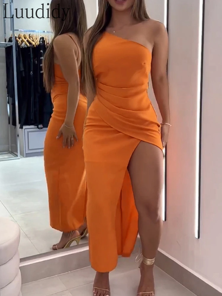 

One Shoulder Sleeveless Ruched Dress Casual Side High Slit Maxi Dress