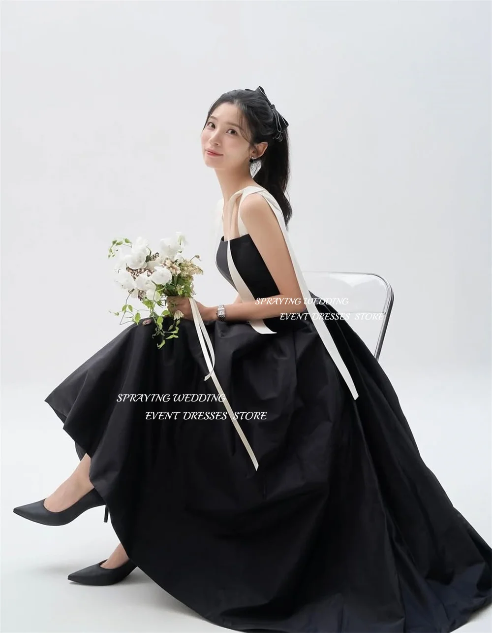 SPRAYING Elegant Taffeta Black Evening Dresses Korea Wedding Photo Shoot O Neck Strap A line Long Party Dress Corset Customized