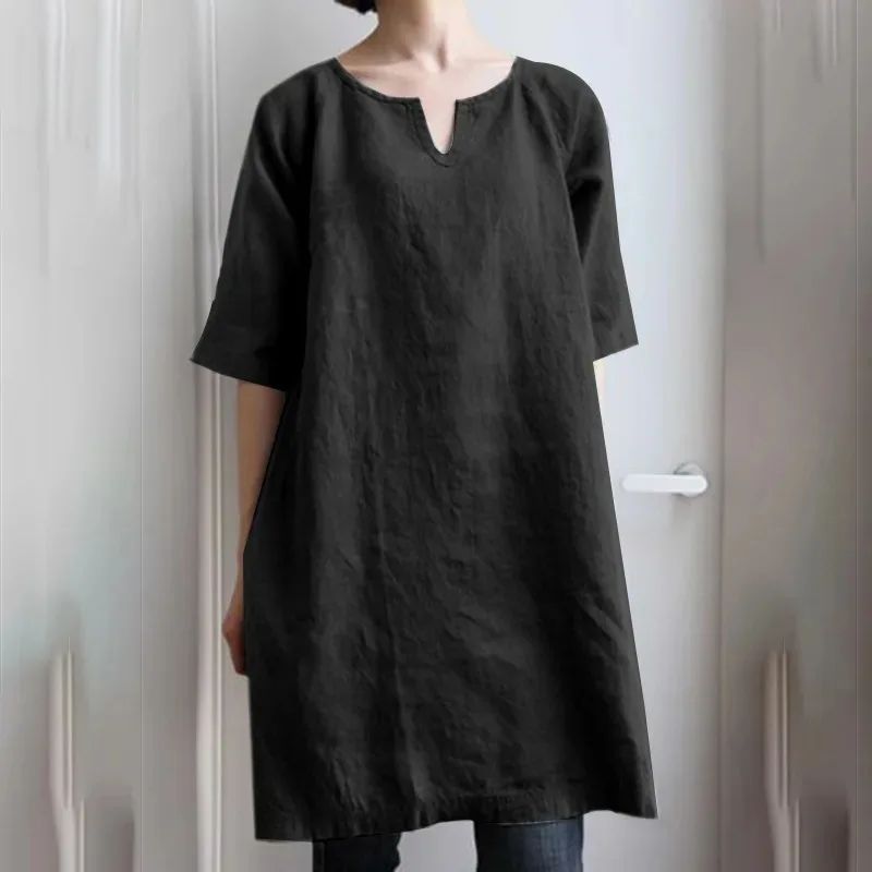 

2025 New Solid Color V-neck Cotton and Linen Casual Medium-sleeved Dress for Women European and American